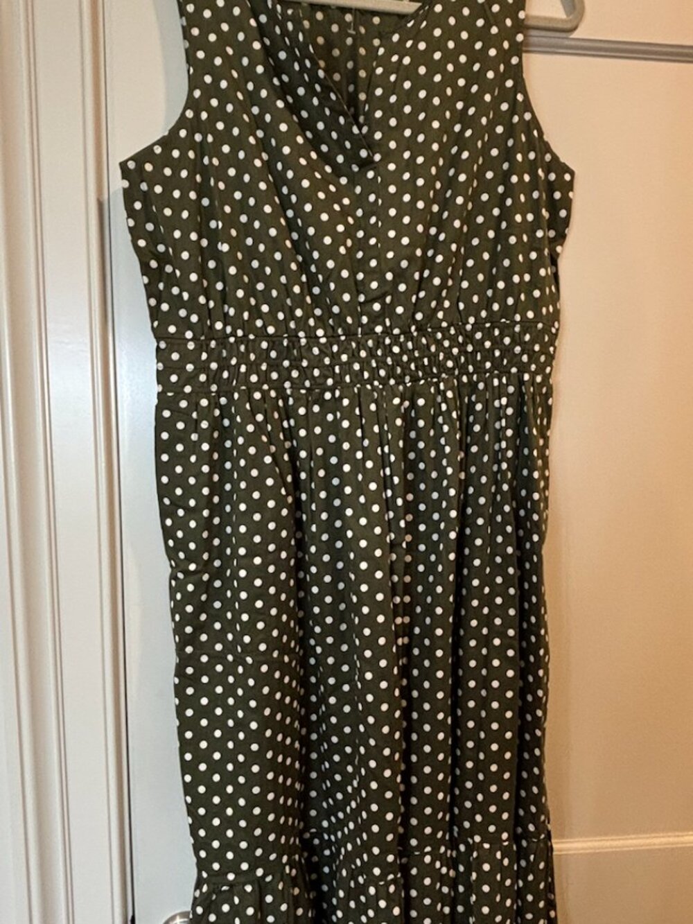 JJill Cotton Midi Dress NWOT Size L Green/White Polka Dot Print